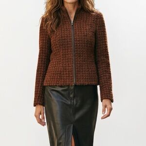 American Vintage Burnt Orange Boucle Textured Jacket Wool Blend Leather Trim Sz6